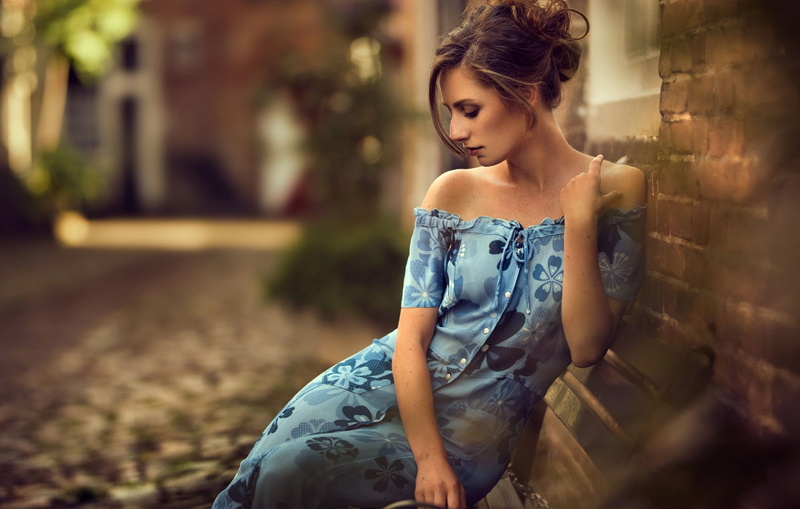 dress, neckline, Maarten Quaadvliet, brown hair, girl, street, 1080P, building