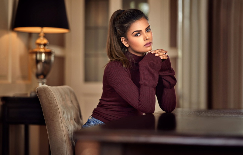 look, bokeh, brown hair, Maarten Quaadvliet, model, room, Kawita, shorts, hairstyle, sitting, beauty, 1080P, pose, portrait, makeup, at the table, jacket