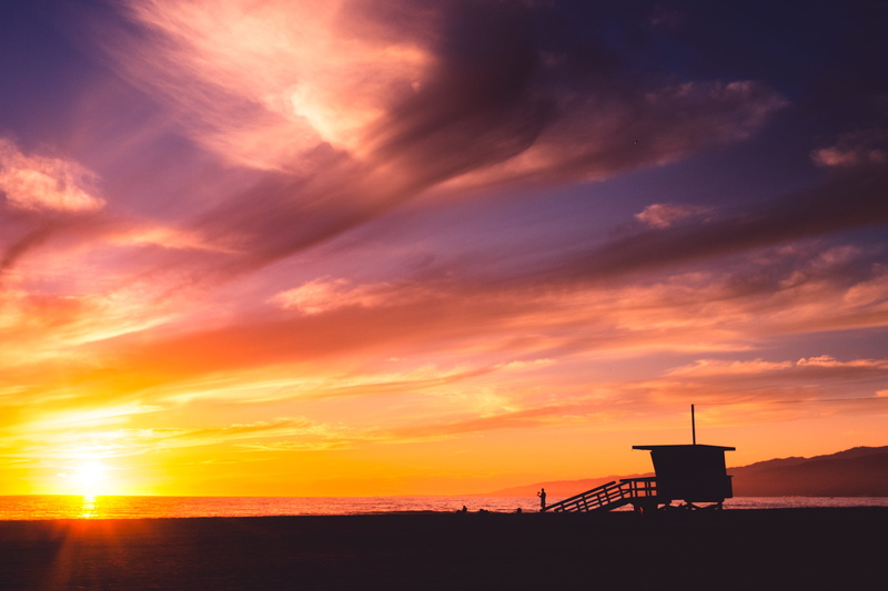 shore, cloud - Sky, bay, sunset, Santa Monica, lifeguard hut, summer, orange Color, golden hour, scenics - nature, center, sunlight, land, silhouette, outdoors