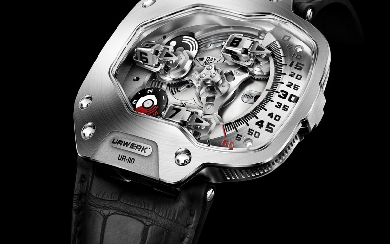 luxury watches, steel, instrument of time, silver colored, technology, black background, clock, time, machine part, indoors, Urwerk, 1080P, studio shot