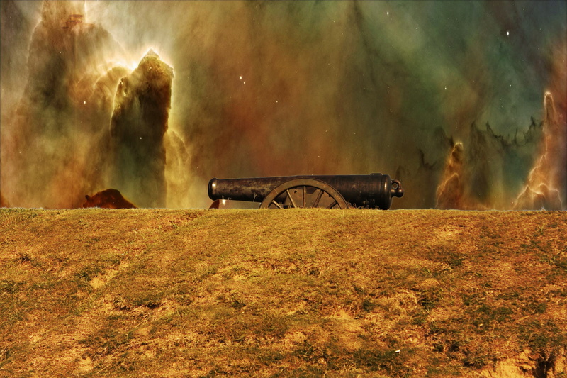 no people, canon, nature, damaged, land, motor vehicle, digitally enhanced, cannon, weaponry, land vehicle, war, plant, mode of transportation, deterioration