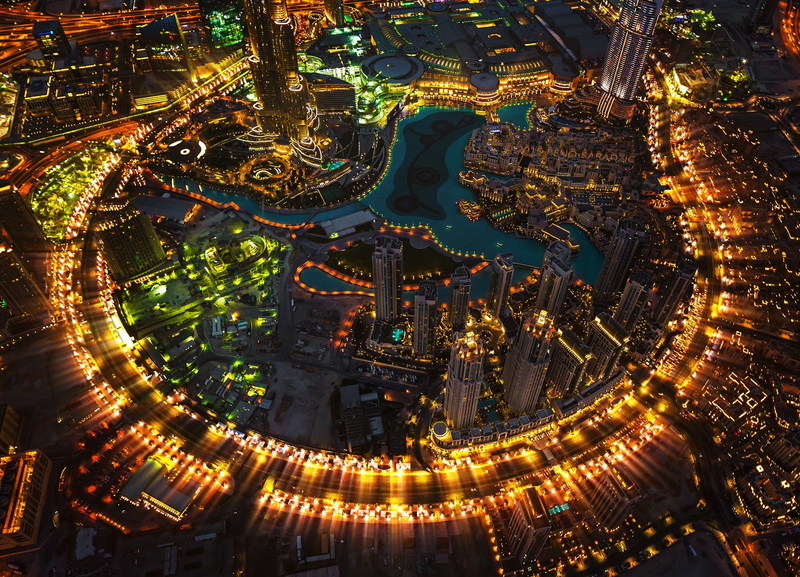 outdoors, illuminated, wooden, city, table, built structure, glowing, cityscape, Dubai, 1080P, round, travel destinations, city lights, brown, skyscraper