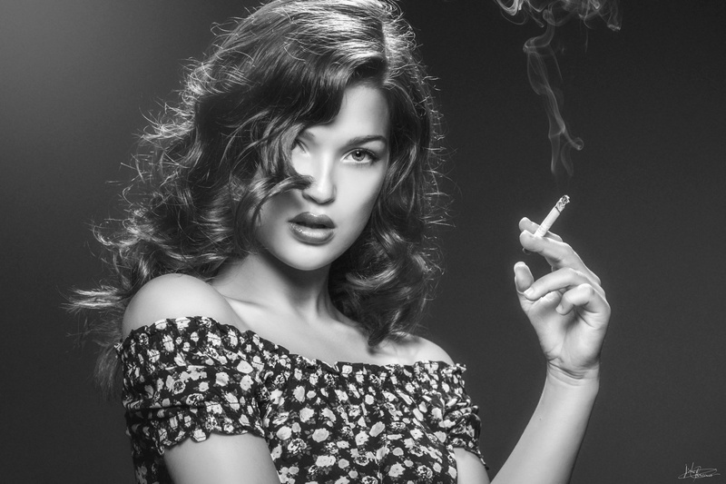 human face, beautiful woman, model, adult, fashion, elegance, 1080P, young adult, hairstyle, portrait, studio shot, smoking, front view, women, monochrome