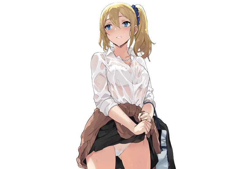 cameltoe, lifting skirt, skirt, blonde, school uniform, ponytail, shirt, bra, underwear, panties, see-through clothing, blue eyes, white, wet, 720P, Hayasaka