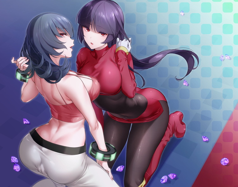 purple hair, long hair, 720P, red eyes, ass, cleavage, gloves, short hair, skin-tight, blue hair, wristwear, boots, dress, thighs, cameltoe, pantyhose