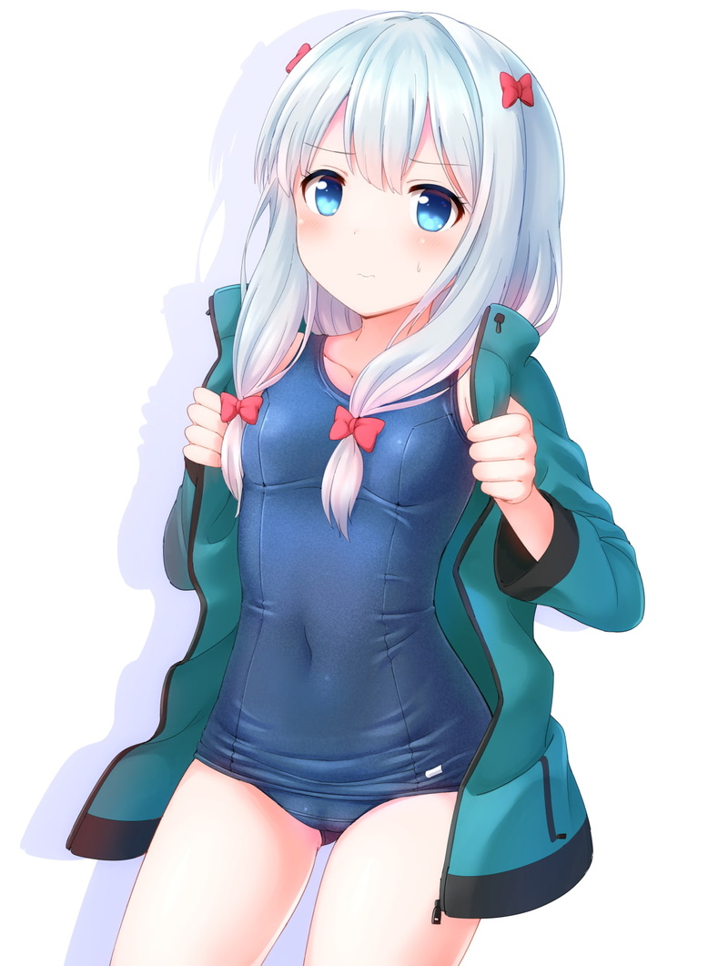 white  background, cameltoe, open shirt, school swimsuits, blue eyes, Izumi Sagiri, undressing, Eromanga-sensei, silver hair, 720P