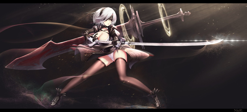 one person, digital, beauty, Nier: Automata, cameltoe, white hair, clothing, cleavage, water, sport, katana, automata, transportation, NieR, females, blindfold