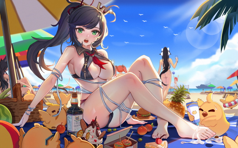 clouds, Honolulu (Azur Lane), cameltoe, ass, sky, animal ears, bikini, cake, food, beach, Takao (Azur Lane), 1080P, Atago (Azur Lane)