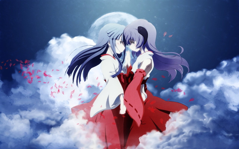 nature, Furude Hanyuu, red, animal wildlife, Furude Rika, anime girls, flying, art and craft, sky, outdoors, digital composite, one person, animals in the wild
