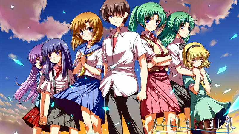 Hōjō Satoko, group of people, festival, Furude Hanyuu, blue, men, 1080P, Furude Rika, women, Maebara Keiichi, fun, emotion, Sonozaki Shion, smiling, outdoors