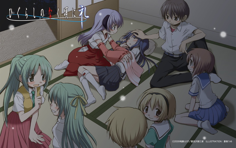 women, Higurashi No Naku Koro Ni, drawing - art product, male likeness, multi colored, indoors, high angle view, men, female likeness, Sonozaki Mion, Furude Hanyuu