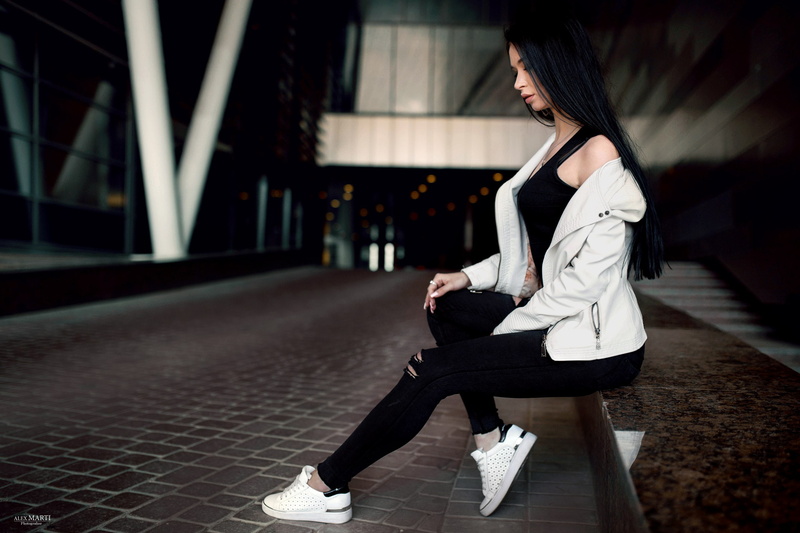 black clothing, black hair, women, pants, depth of field, sweater, Anastasia Rumiantseva, brunette, 2K, T-shirt, sneakers, portrait, sitting