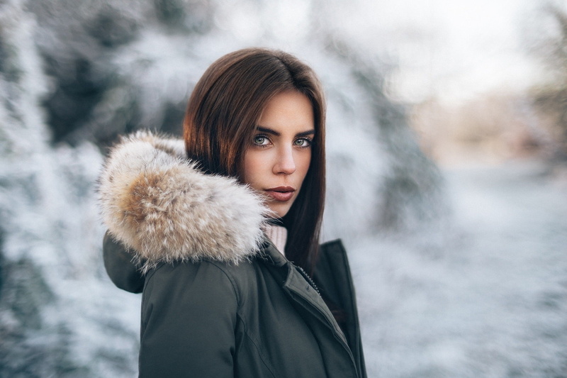 hairstyle, jacket, hood - clothing, fashion, fur coat, portrait, sweater, young adult, women outdoors, depth of field, winter coat, cold temperature, snow