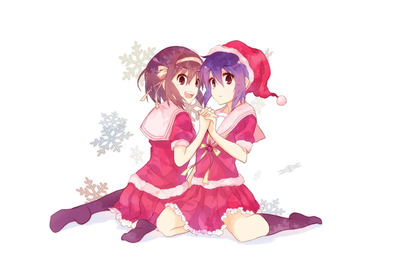 2K, anime, socks, white background, Santa hats, Suzumiya Haruhi, The Melancholy of Haruhi Suzumiya, Nagato Yuki, kneeling, anime girls, Christmas