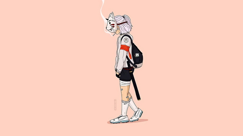 watermarked, 1080P, backpack, Nike, shoes, socks, smoking, anime girls, original characters, White socks, anime, mask