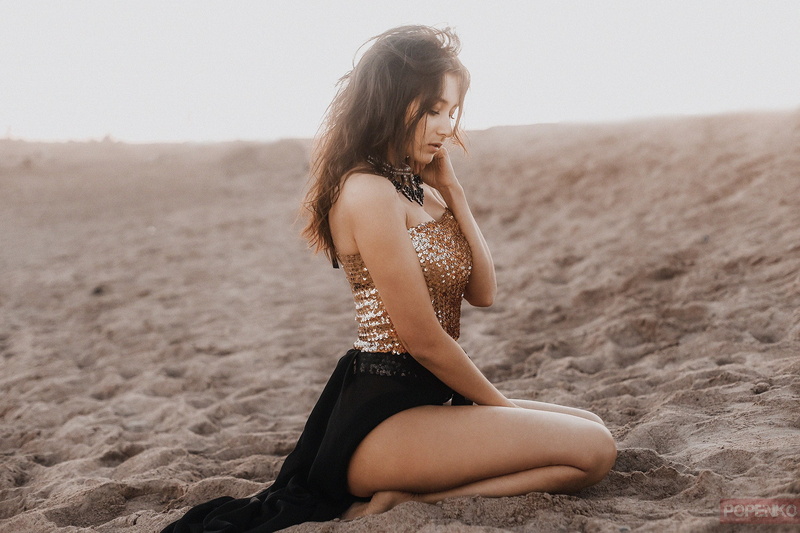 hair, beach, dress, kneeling, lifestyles, long hair, full length, focus on foreground, one person, fashion, Inna Kuznetsova, nature, Andrey Popenko, women
