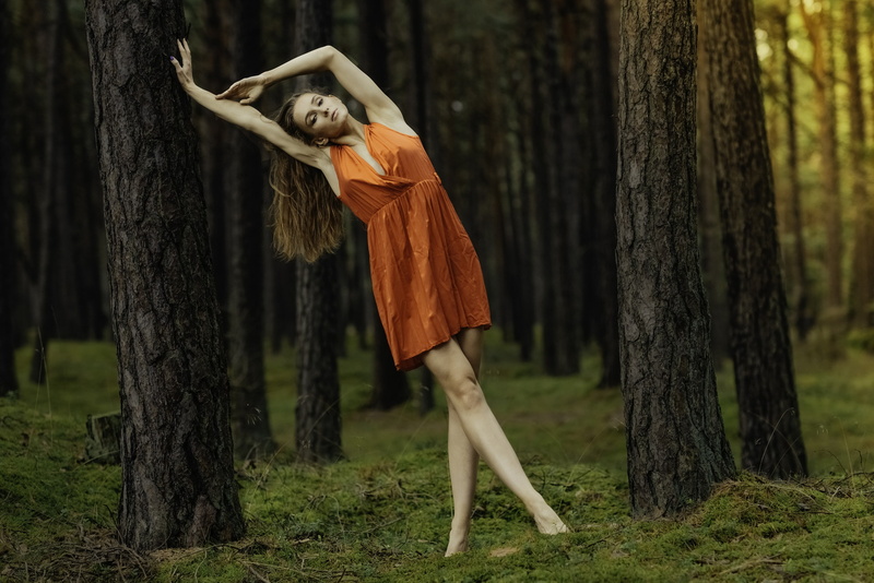 barefoot, red dress, women, 1080P, Chris Bos, forest, brunette, arms up