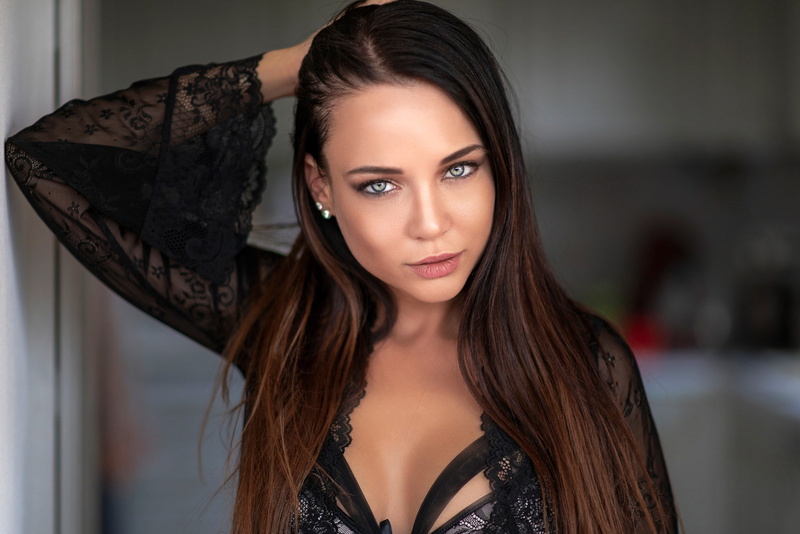 model, Chris Bos, brunette, in black, look, beauty, pose, Angelina Petrova, portrait, makeup, 1080P, hairstyle, bokeh
