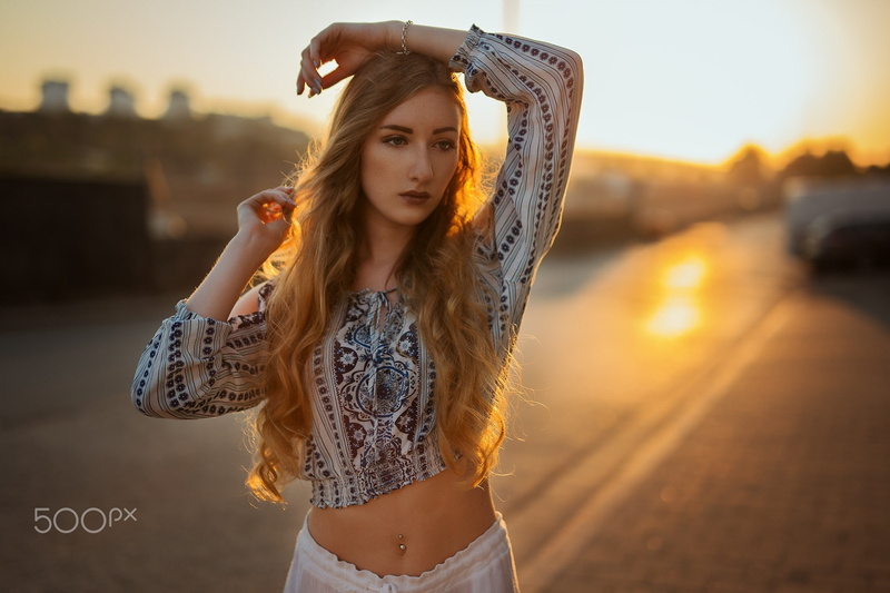 long hair, pierced navel, blonde, belly, 500px, Martin Huber, 1080P, arms up, women, sunset, portrait