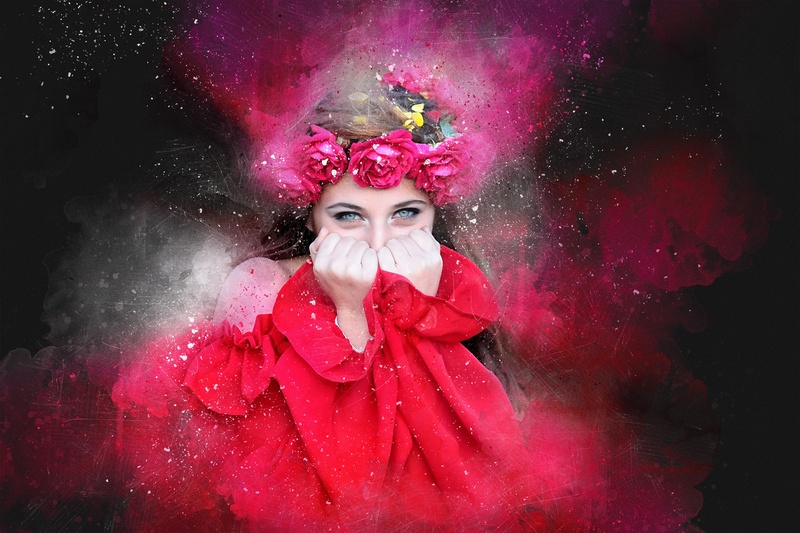 beauty, emotion, romantic, paint splatter, young adult, one person, glamour, women, wreath, flowers, 2K, beautiful woman, young women, art, hands, aquarelle