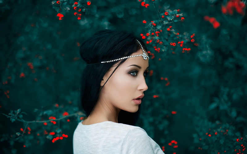 Portrait, Beautiful, Decoration, Berries, Bokeh, Girl, 1080P
