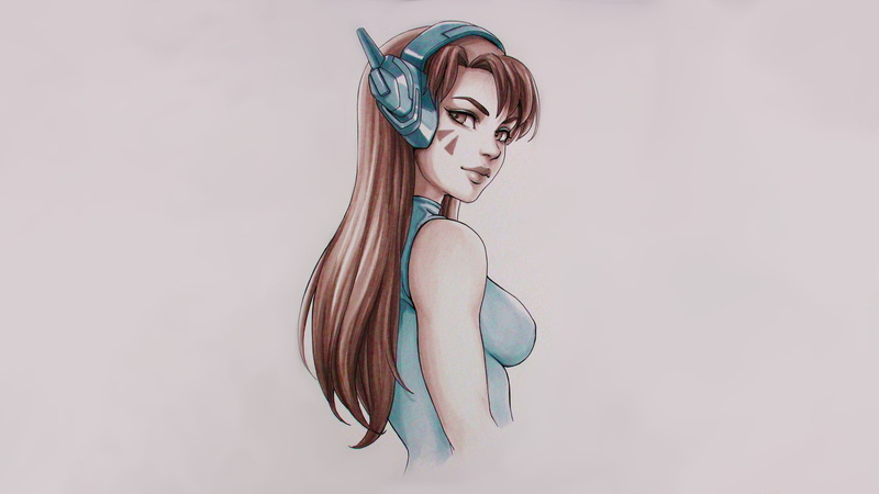Overwatch, tight clothing, 1080P, dandon fuga, D.Va (Overwatch), long hair, drawing, casual, women, headphones, video games, looking back