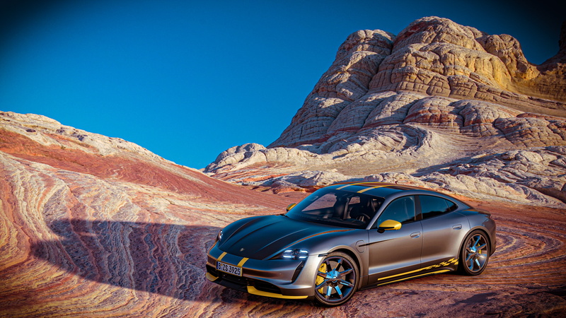 Gran Turismo Sport, screen shot, sky, grey, Porsche Taycan, 4K, carbon fiber, desert, Porsche, silver, Porsche Taycan Turbo S