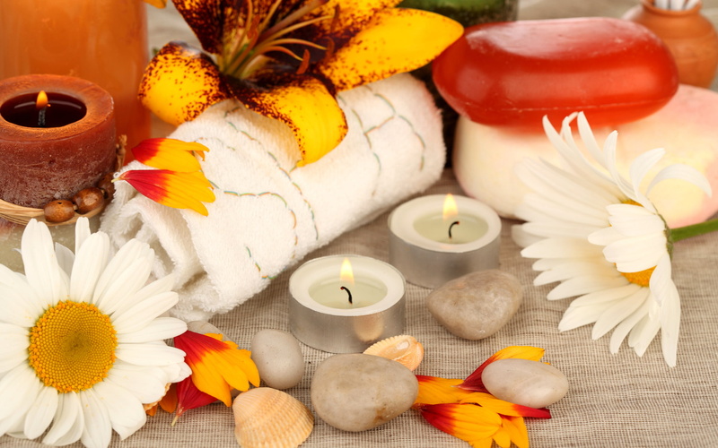 candles, stones, petals, spa, 1080P, towels, flowers, shells