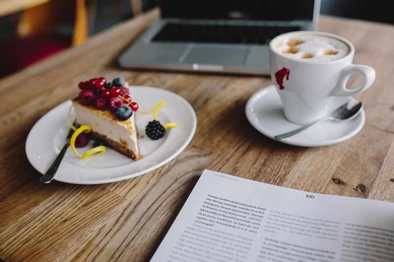 baked, coffee - drink, desk, cake, tech, breakfast, sweet food, coffee cup, technology, indoor, kitchen utensil, food and drink, table, wooden desk, drink