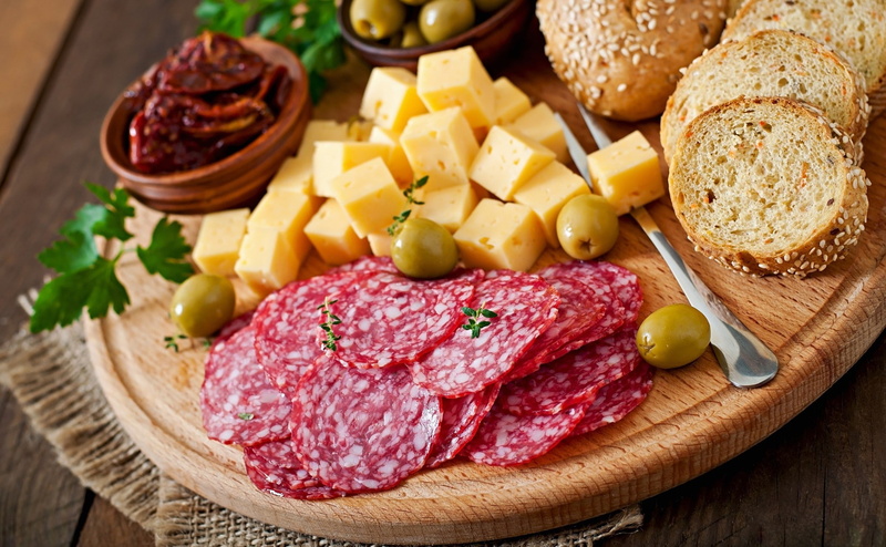 1080P, cheese, food, sausage, fork, bread