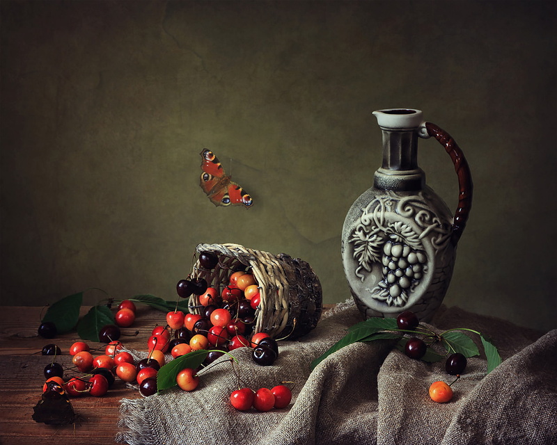 Pitcher, 1080P, Basket, Cherry, Butterfly, Still Life, Photography