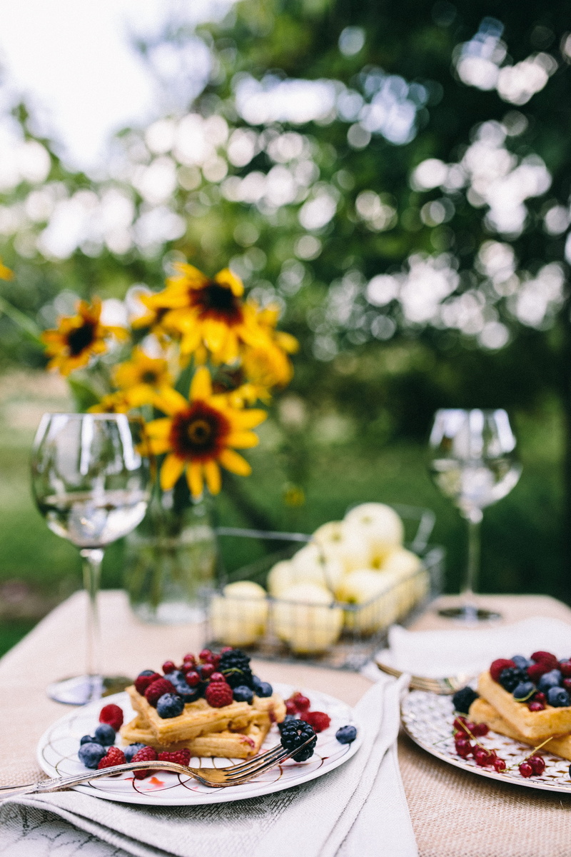 glass, flowers, wine, food, food and drink, garden, fruits, freshness, household equipment, waffles, nature, picnic, summer, setting, fruit, blueberries