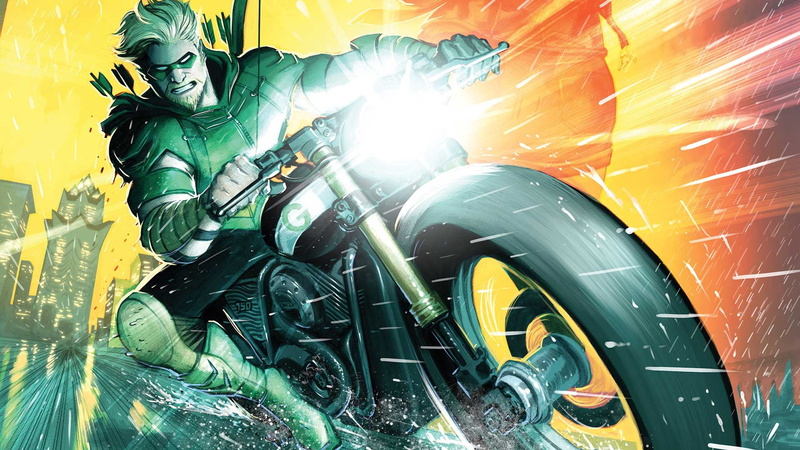 Bike, Building, Hero, Superhero, Motorcycle, Blonde, Mask, Speed, Costume, Riding, Bow, 1080P, Comic, Arrows, City, Green Arrow, DC Comics, Comics, Oliver Queen
