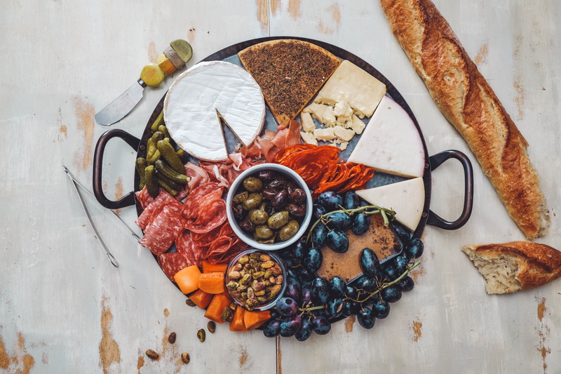 freshness, indoors, appetizer, directly above, table, 5K, healthy eating, plate, no people, food and drink, cheese, grape, meat, ready-to-eat, meal, fruit