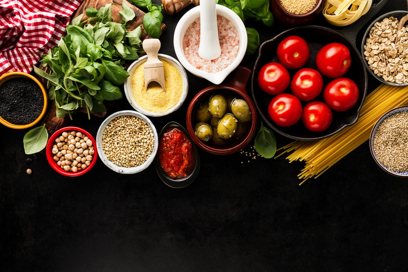 black background, pasta, 4K, salt, chickpeas, oatmeal, tomatoes, olives