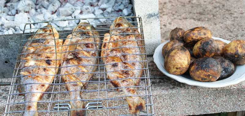 animal, wellbeing, see bream, temptation, fish, grilled potatoes, barbecue, food and drink, focus on foreground, snack, seafood, no people, grilled, outdoors