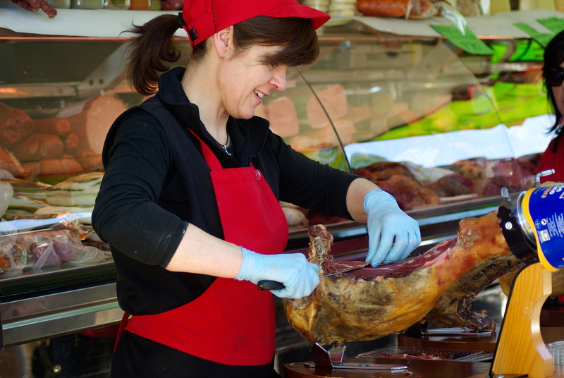 preparation, small business, food, delicatessen, business, waist up, adult, red, pork, apron, wearing, occupation, woman, looking, food and drink, women