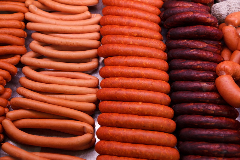 smoked, food, frankfurters, fresh, arrangement, dog, meat, 1080P, snack, delicious, retail, hot, sausage, stack, backgrounds, no people, high angle view