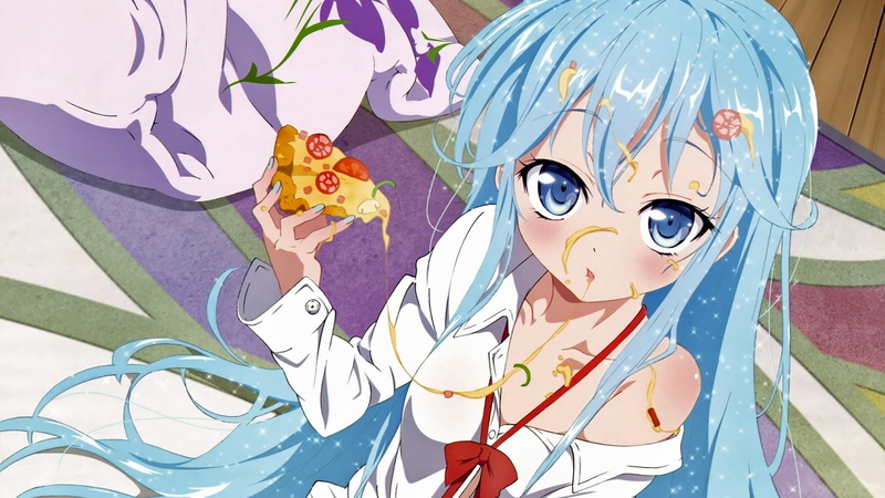 cheese, tomatoes, blue eyes, 1080P, anime girls, pizza, food, blue hair, anime