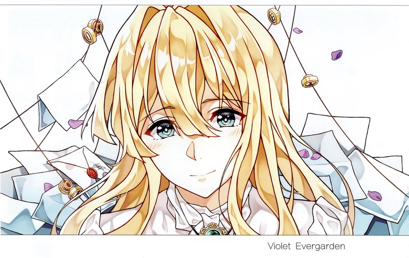by Cheese Kang, petals, letters, bangs, face, Violet Evergarden, 2K, blue eyes, envelopes