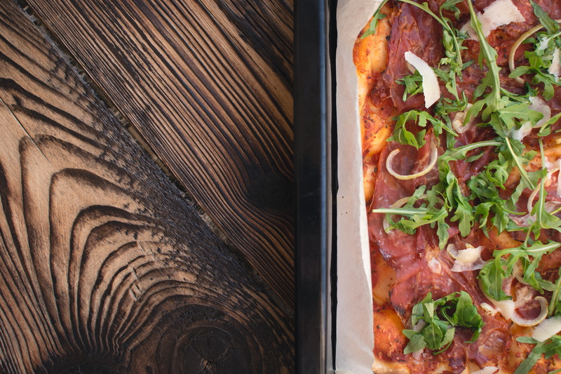 gourmet, close-up, tomato, meat, dinner, slice, food, arugula, italian food, pizza, Homemade, meal, herb, ready-to-eat, directly above, wood - material