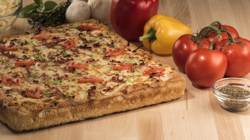 close-up, pizza, ready-to-eat, vegetable, cheese, square, no people, pepper, still life, tomato, dairy product, shaped, freshness, bell pepper, table, bread