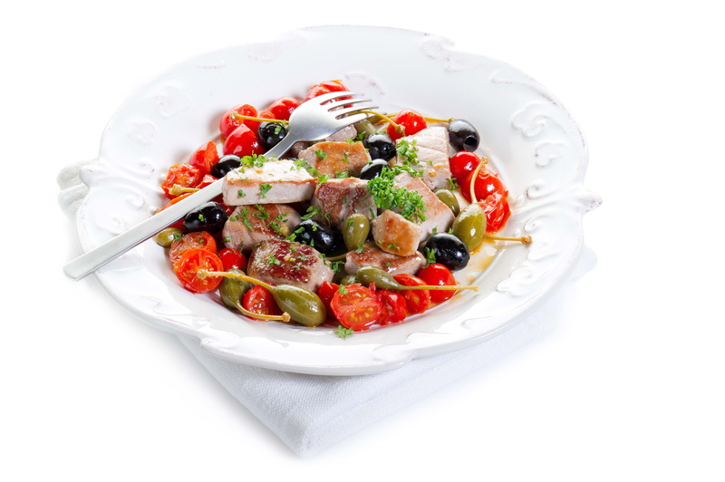 white background, kitchen utensil, white, red, meat, salad, vegetable, green Color, meal, no People, healthy Lifestyle, cheese, cut out, refreshment, basil