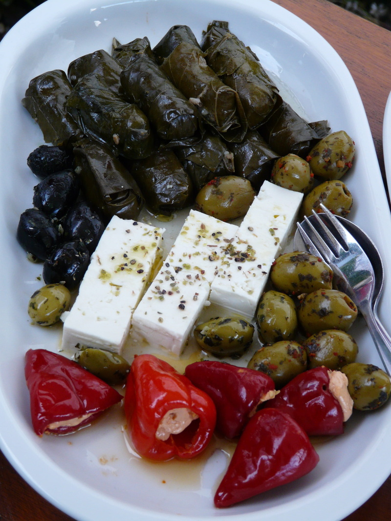 Feta Cheese, inserted, kitchen utensil, salad buffet, high angle view, no people, olives, freshness, vegetarian food, dairy product, ceramic, food, Buffet