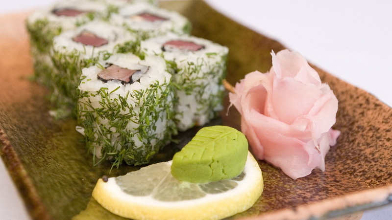 seafood, japanese food, food and drink, dieting, table, restaurant, leaf, prepared Fish, appetizer, cheese, sashimi, refreshment, still life, salmon, plate