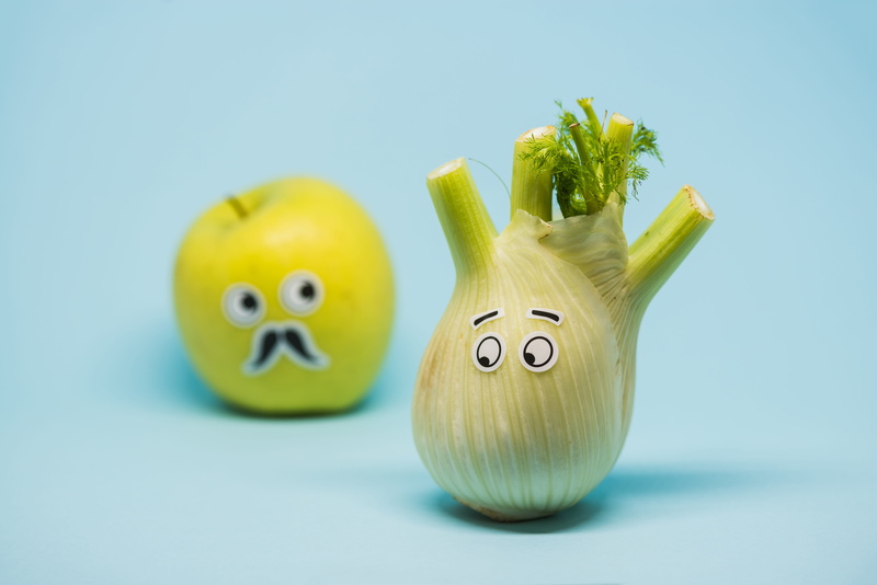 suspicious, dog, food, funny, detail, 5K, anthropomorphic smiley face, eyes, face, expression, blue, character, edible, close-up, freshness, indoors, cooking