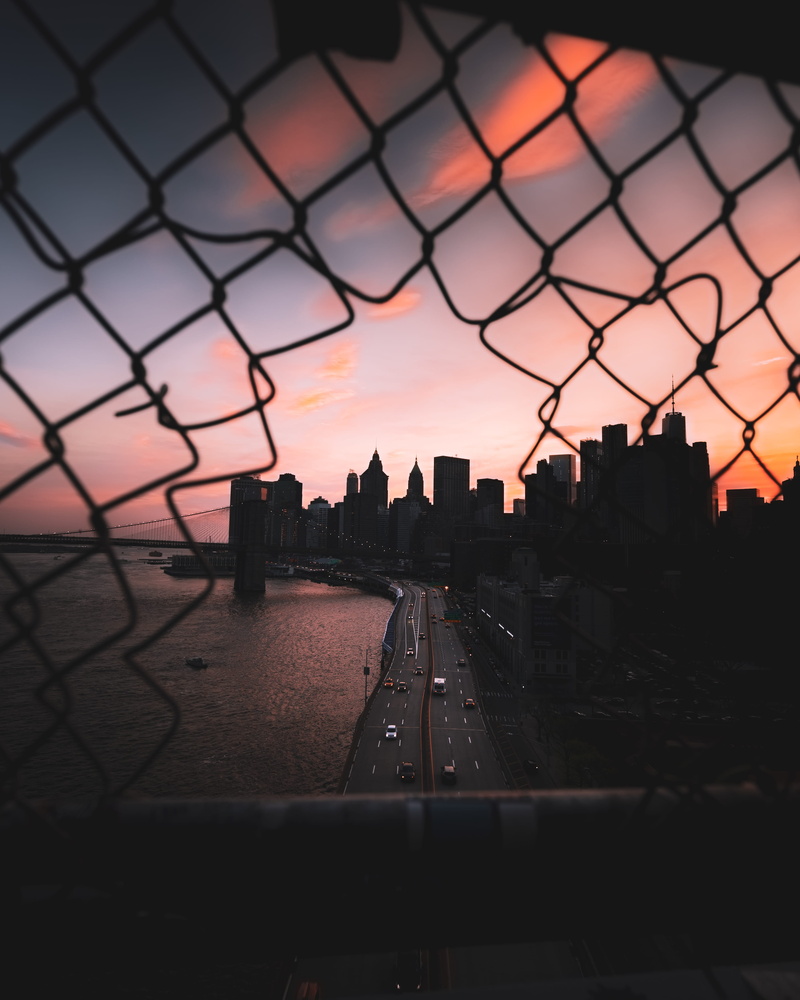 sunset, manhattan, track, orange color, metal, 4K, fence, no people, architecture, travel, nighttime, new york, bridge, built structure, sky, focus, cityscape