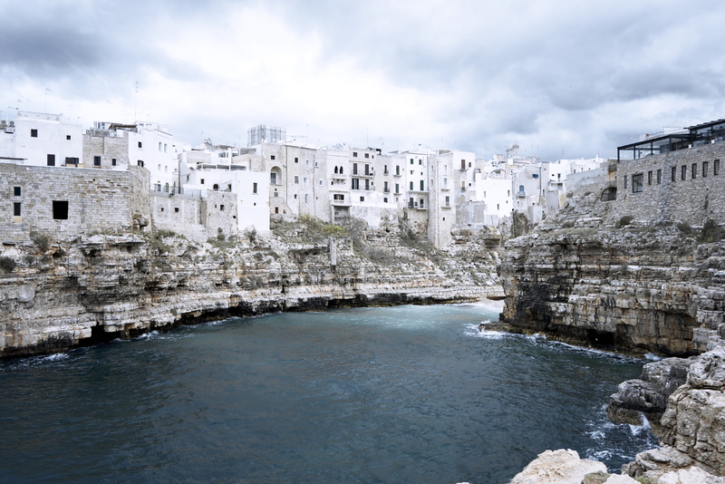 sky, clouds, puglia, built structure, outdoors, architecture, no people, rock, promontory, solid, www.maxlibertine.com, polignano a mare, cloud - sky, sea