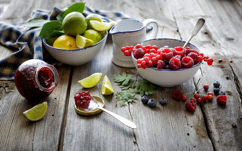 jam, Lemon, berry, fruit, close, Life, Red, Raspberries, Blueberries, Berries, Still, Lime, straw, 1080P