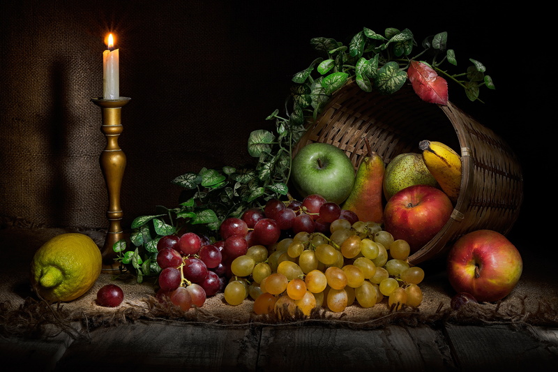 Food, Lemon, 4K, Apple, Still Life, Candle, Fruit, Grapes